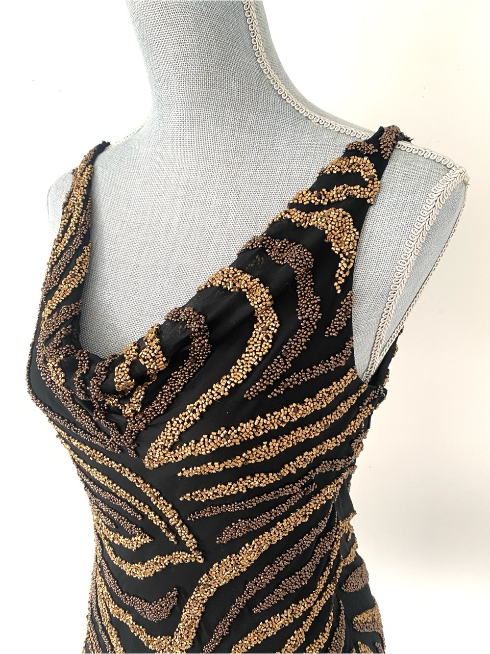 VTG Cache Black & Metallic Gold Fully Beaded Animal Print Sleeveless Blouse Sz S - Picture 2 of 12